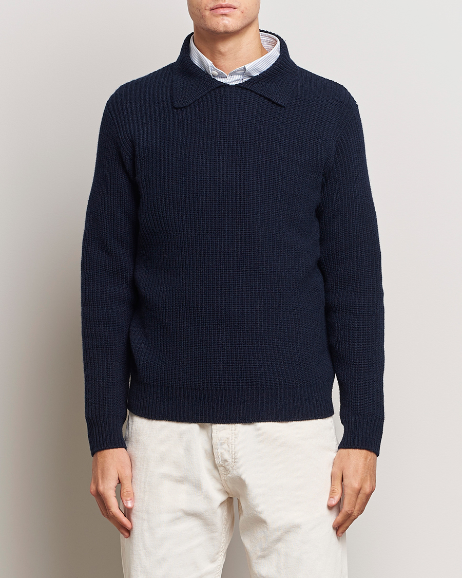 Herre | Nye produktbilder | Drake's | Integral Collar Ribbed Jumper Navy