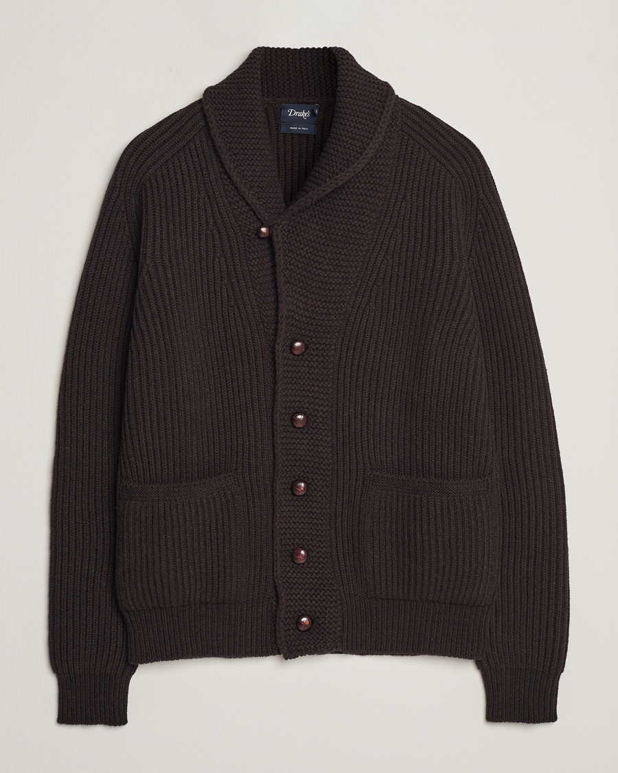 Herre | Gensere | Drake's | Lambswool 6-Ply Shawl Collar Cardigan Brown
