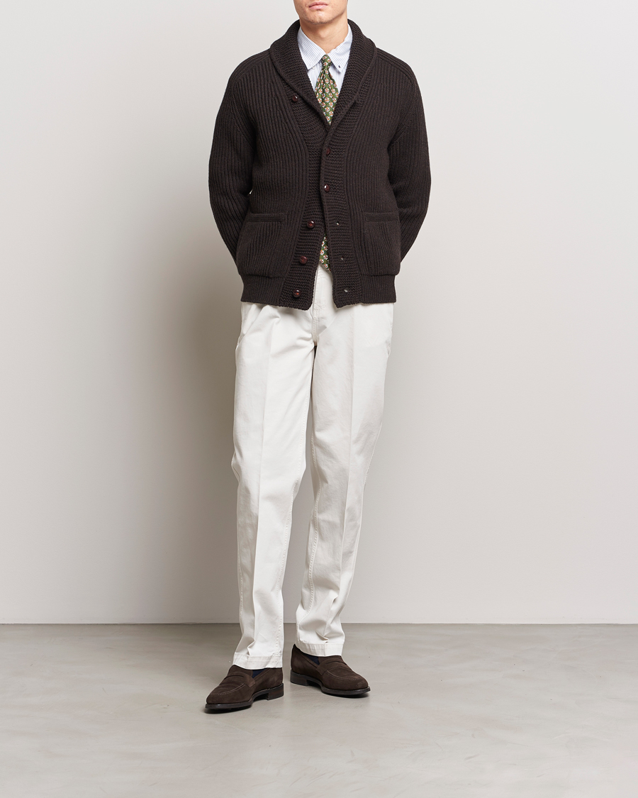 Herre | Gensere | Drake's | Lambswool 6-Ply Shawl Collar Cardigan Brown