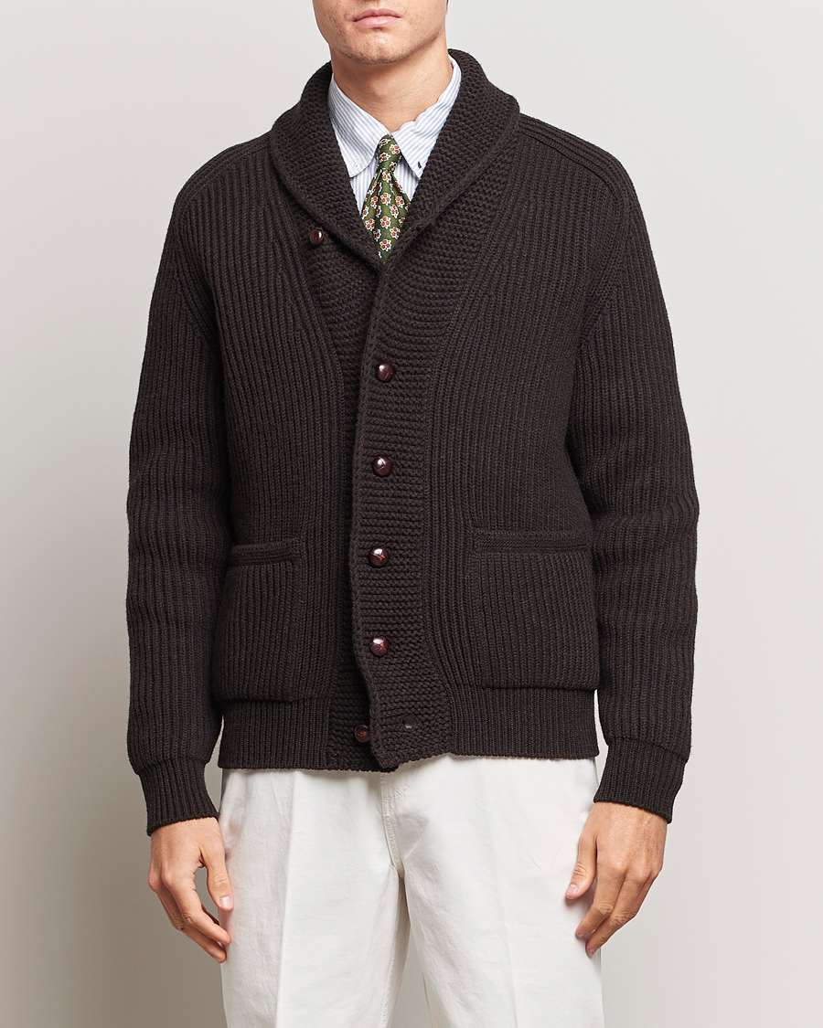 Herre | Gensere | Drake's | Lambswool 6-Ply Shawl Collar Cardigan Brown