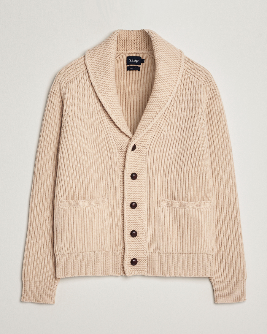 Herre | Gensere | Drake's | Lambswool 6-Ply Shawl Collar Cardigan Ecru