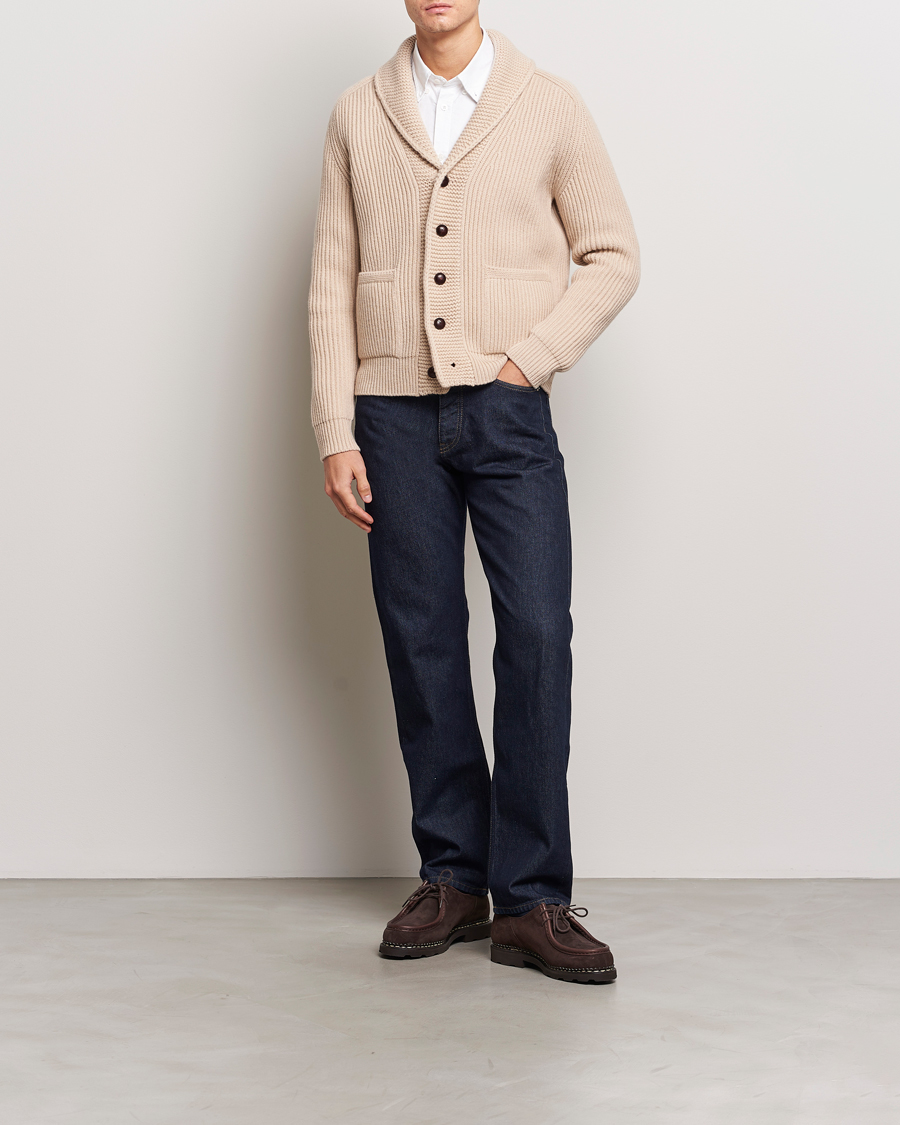 Herre | Gensere | Drake's | Lambswool 6-Ply Shawl Collar Cardigan Ecru