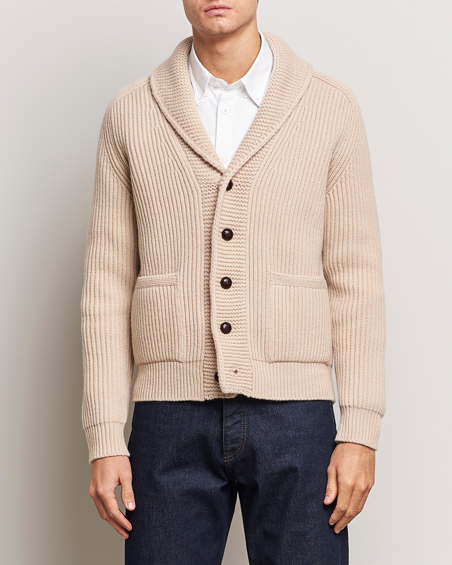 Herre | Gensere | Drake's | Lambswool 6-Ply Shawl Collar Cardigan Ecru