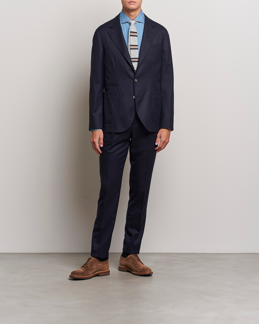 Herre | Bukser | Brunello Cucinelli | Slim Fit Pleated Flannel Trousers Navy
