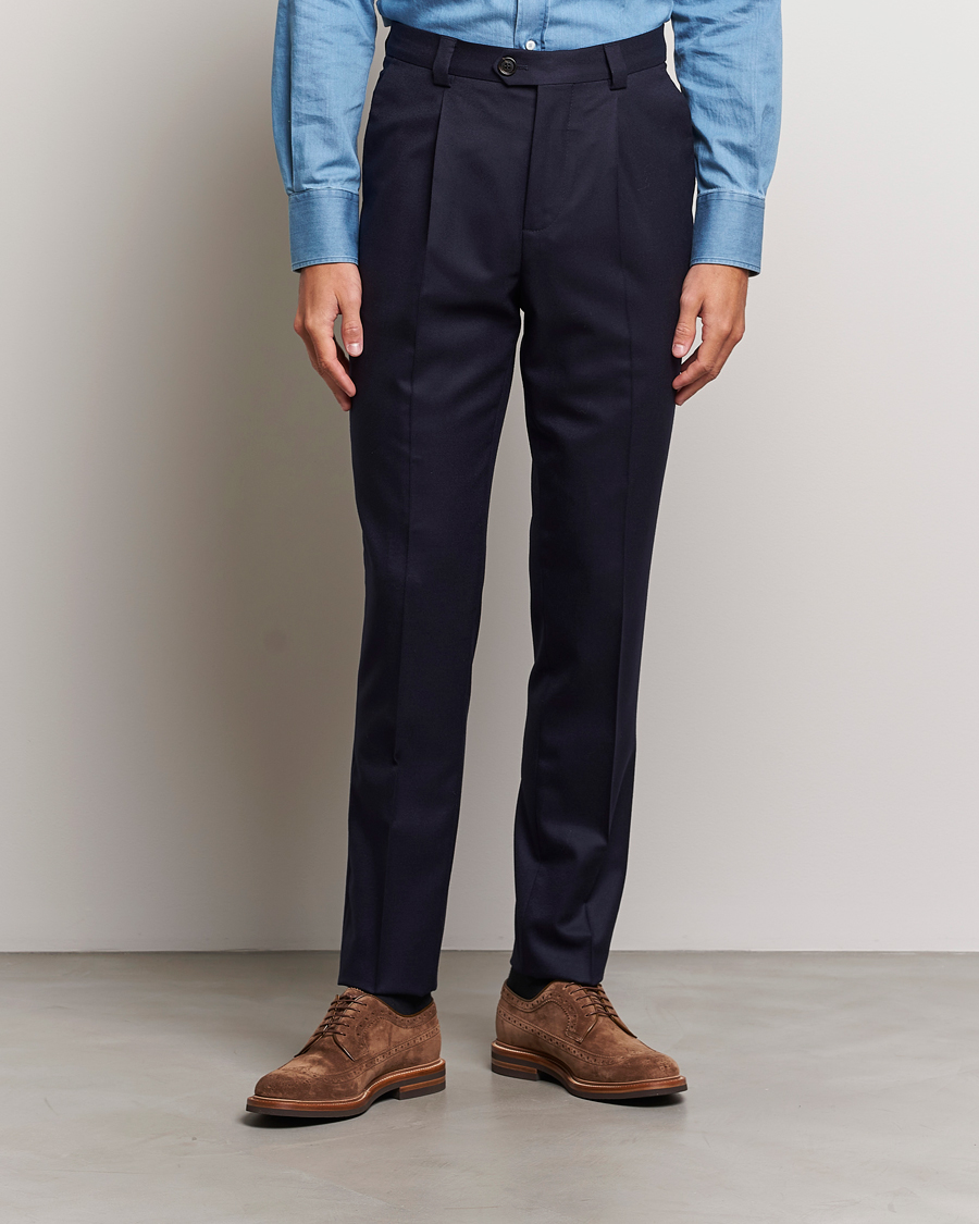 Herre | Bukser | Brunello Cucinelli | Slim Fit Pleated Flannel Trousers Navy