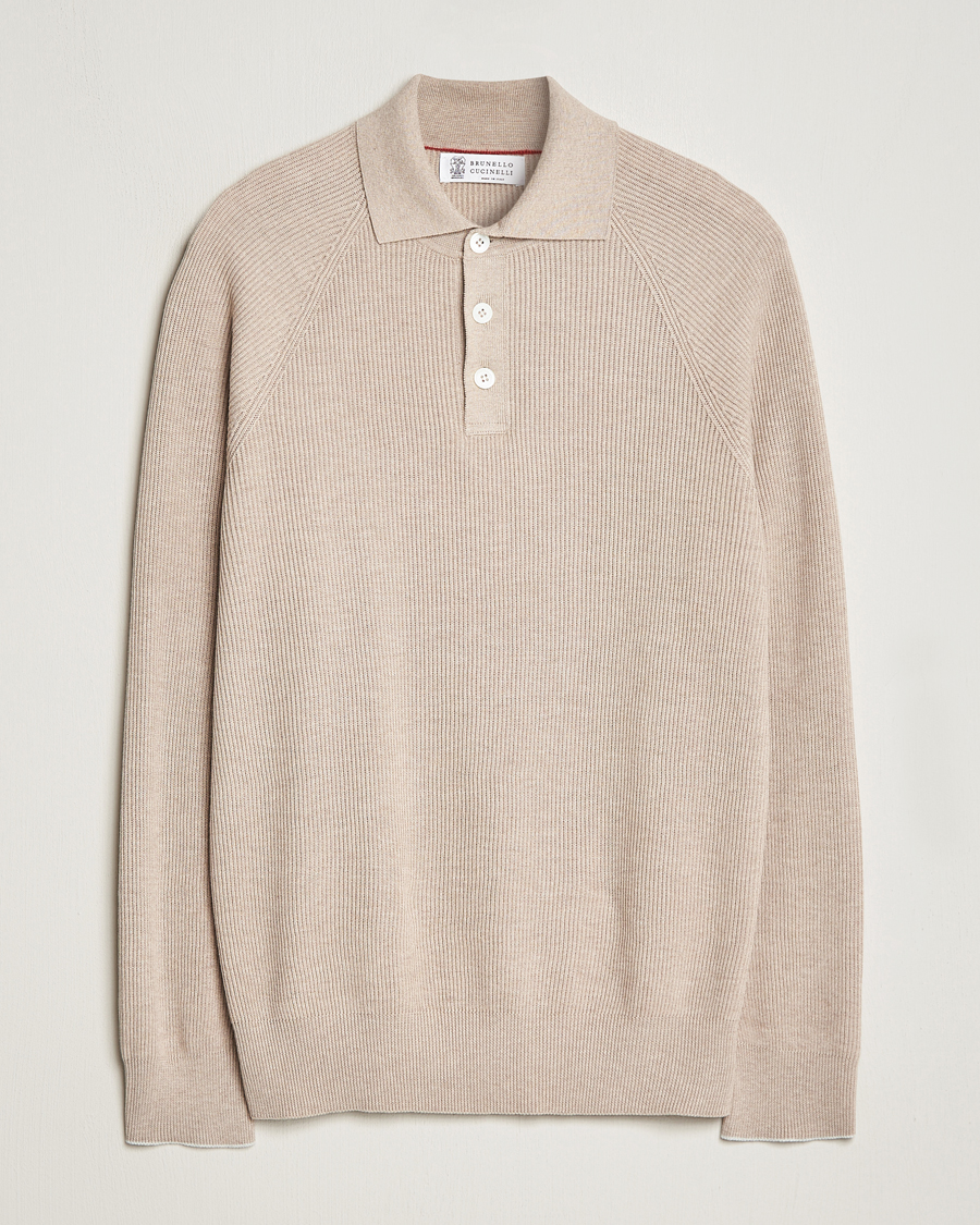Herre | Gensere | Brunello Cucinelli | Long Sleeve Knitted Polo Light Beige