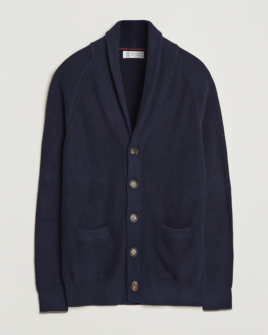 Herre | Gensere | Brunello Cucinelli | Rib Wool Shawl Collar Cardigan Navy