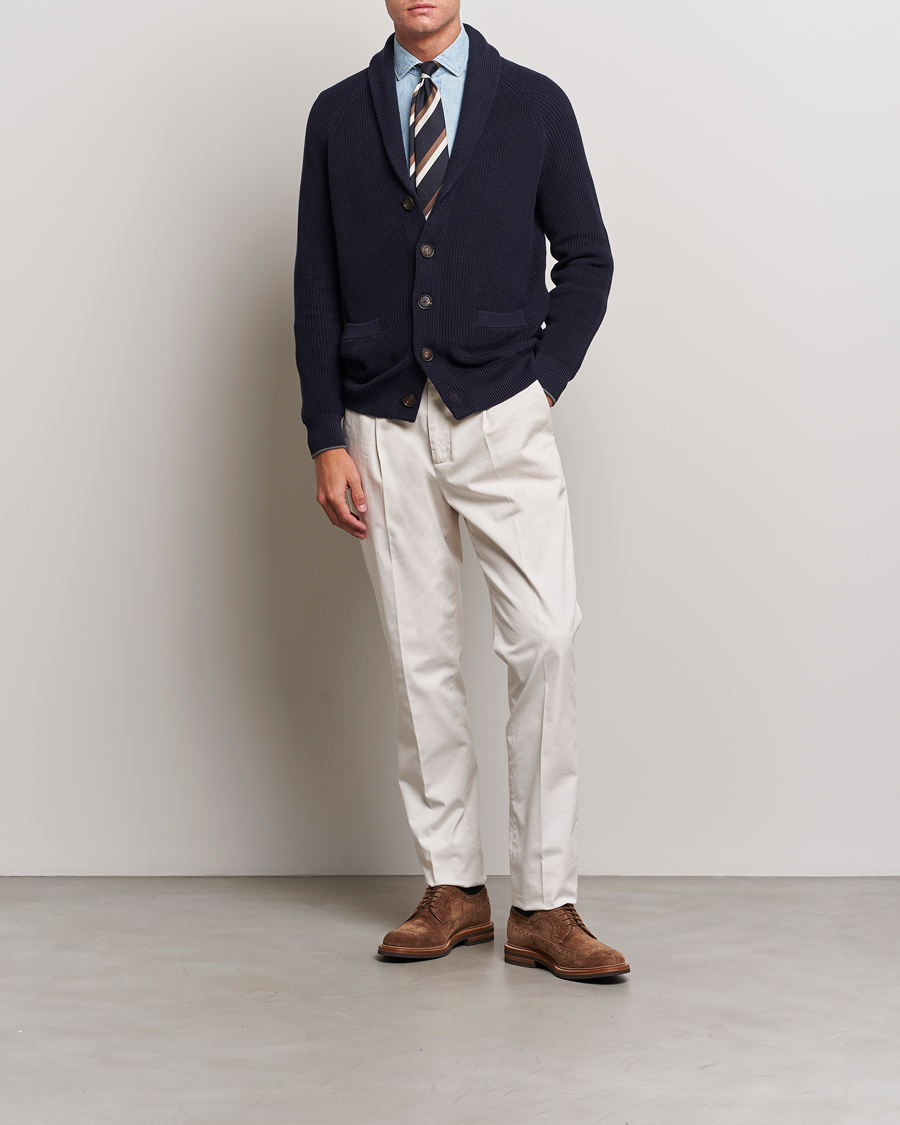 Herre | Gensere | Brunello Cucinelli | Rib Wool Shawl Collar Cardigan Navy