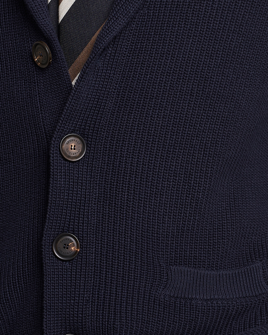 Herre | Gensere | Brunello Cucinelli | Rib Wool Shawl Collar Cardigan Navy