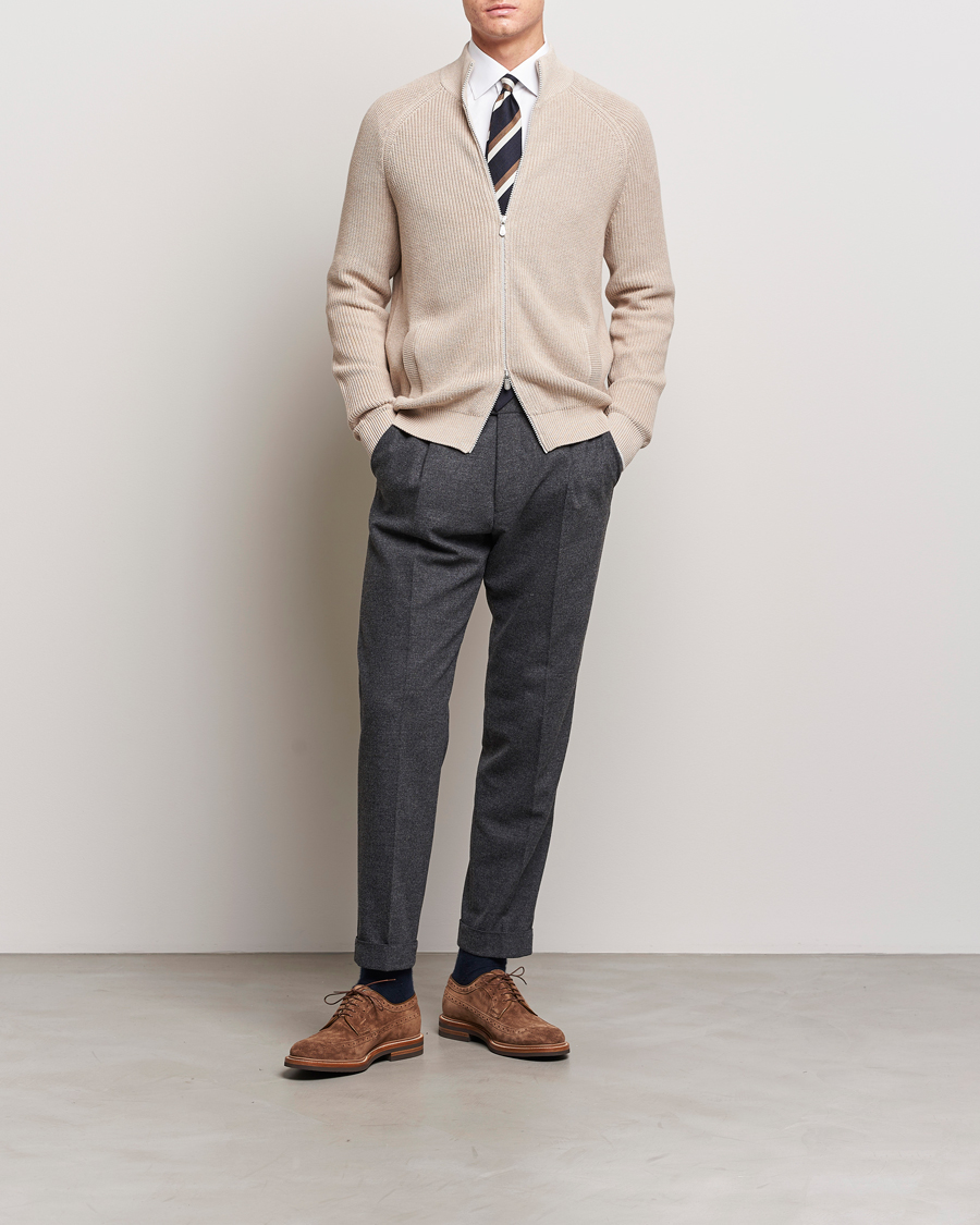 Herre | Gensere | Brunello Cucinelli | Rib Wool Zip Cardigan Light Beige