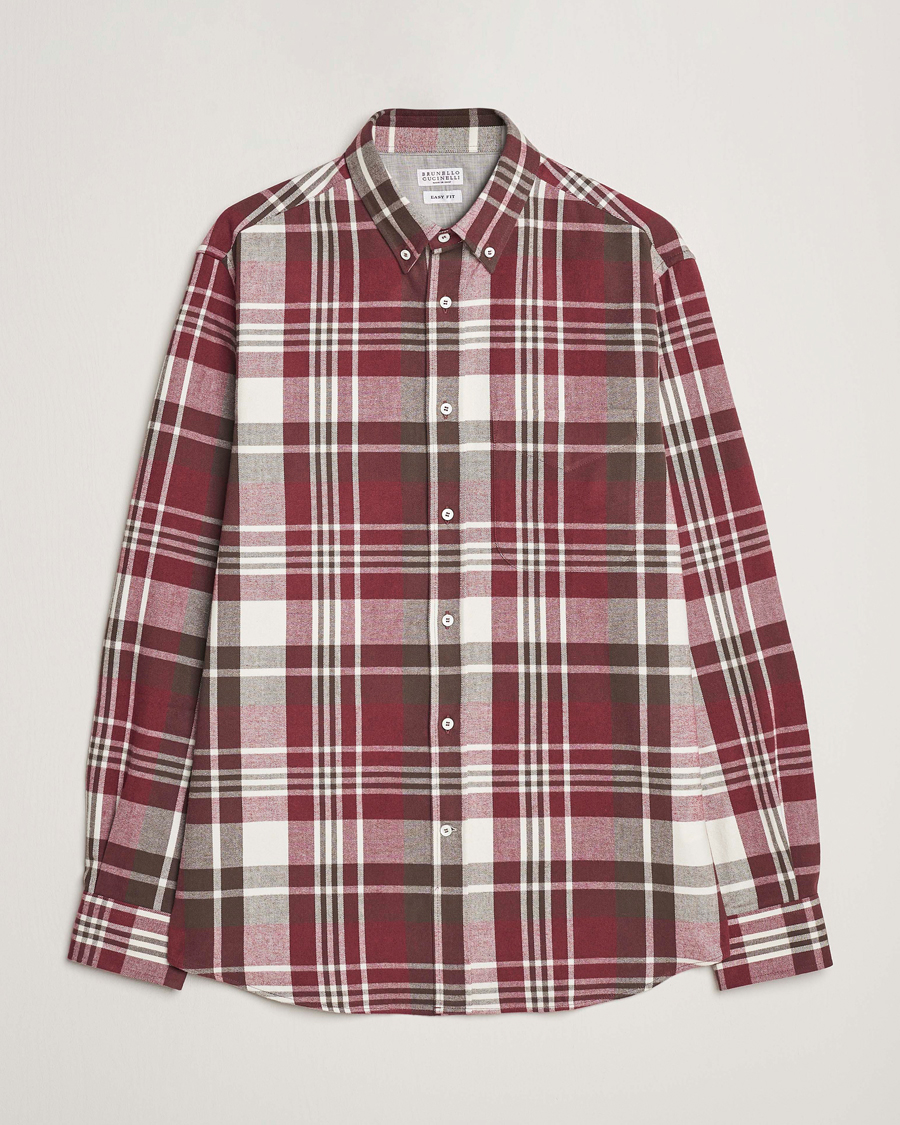 Herre | Skjorter | Brunello Cucinelli | Slim Fit Button Down Madras Shirt Burgundy