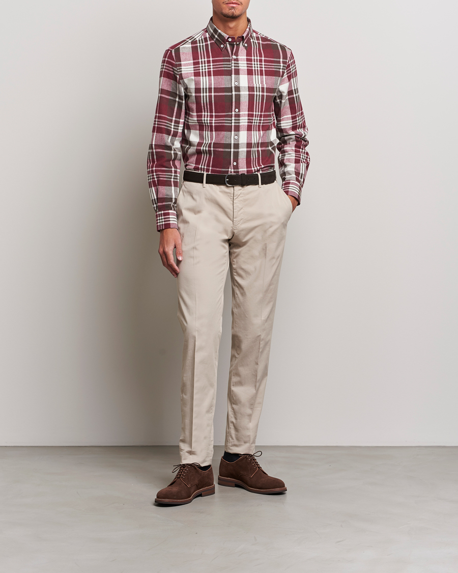 Herre | Skjorter | Brunello Cucinelli | Slim Fit Button Down Madras Shirt Burgundy