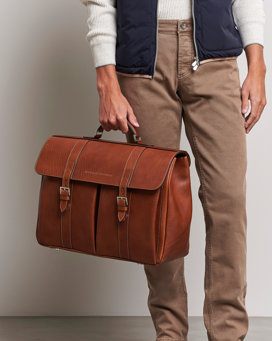 Herre |  | Brunello Cucinelli | Grain Leather Briefcase Cognac