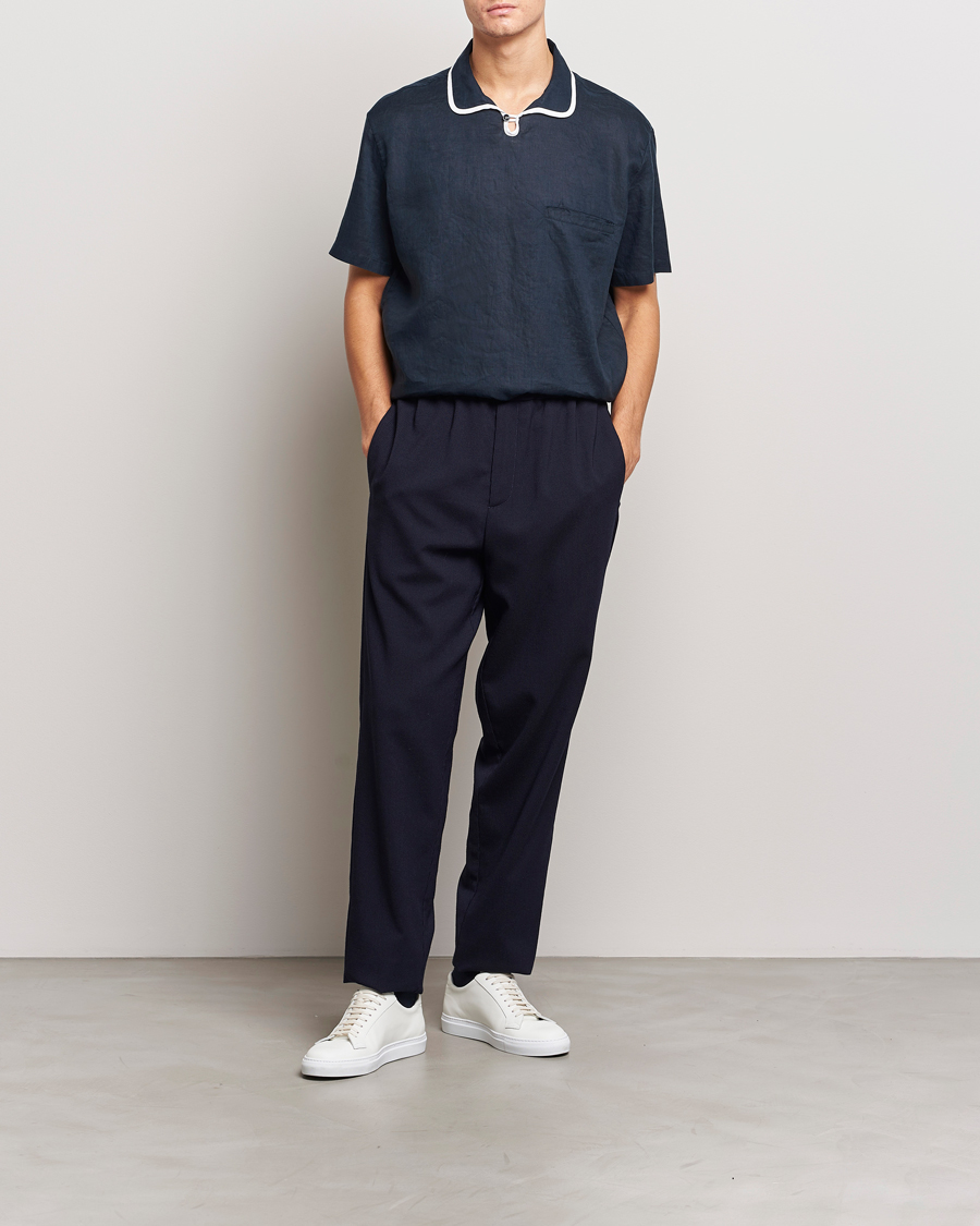 Herre | Skjorter | Giorgio Armani | Linen Guru Collar Short Sleeve Shirt Navy