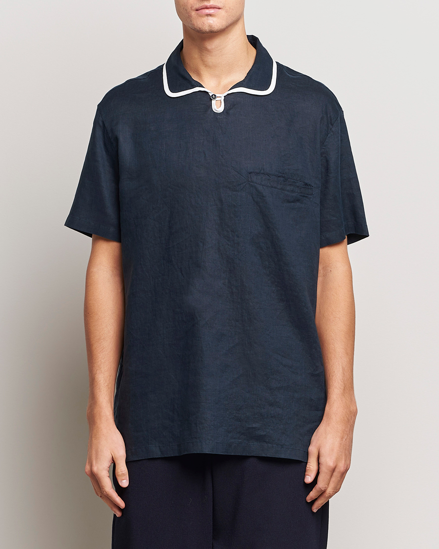 Herre | Giorgio Armani | Giorgio Armani | Linen Guru Collar Short Sleeve Shirt Navy