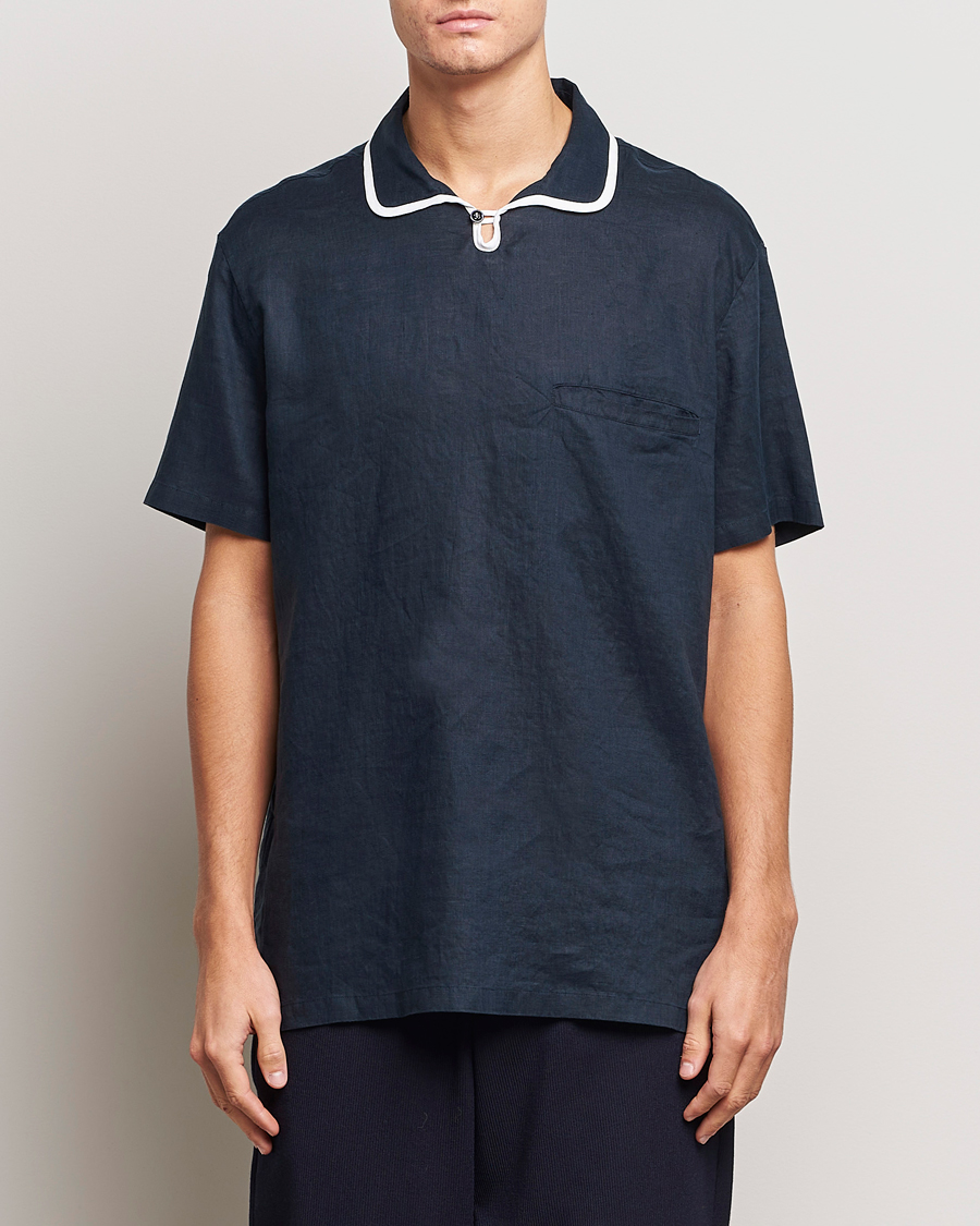 Herre | Skjorter | Giorgio Armani | Linen Guru Collar Short Sleeve Shirt Navy