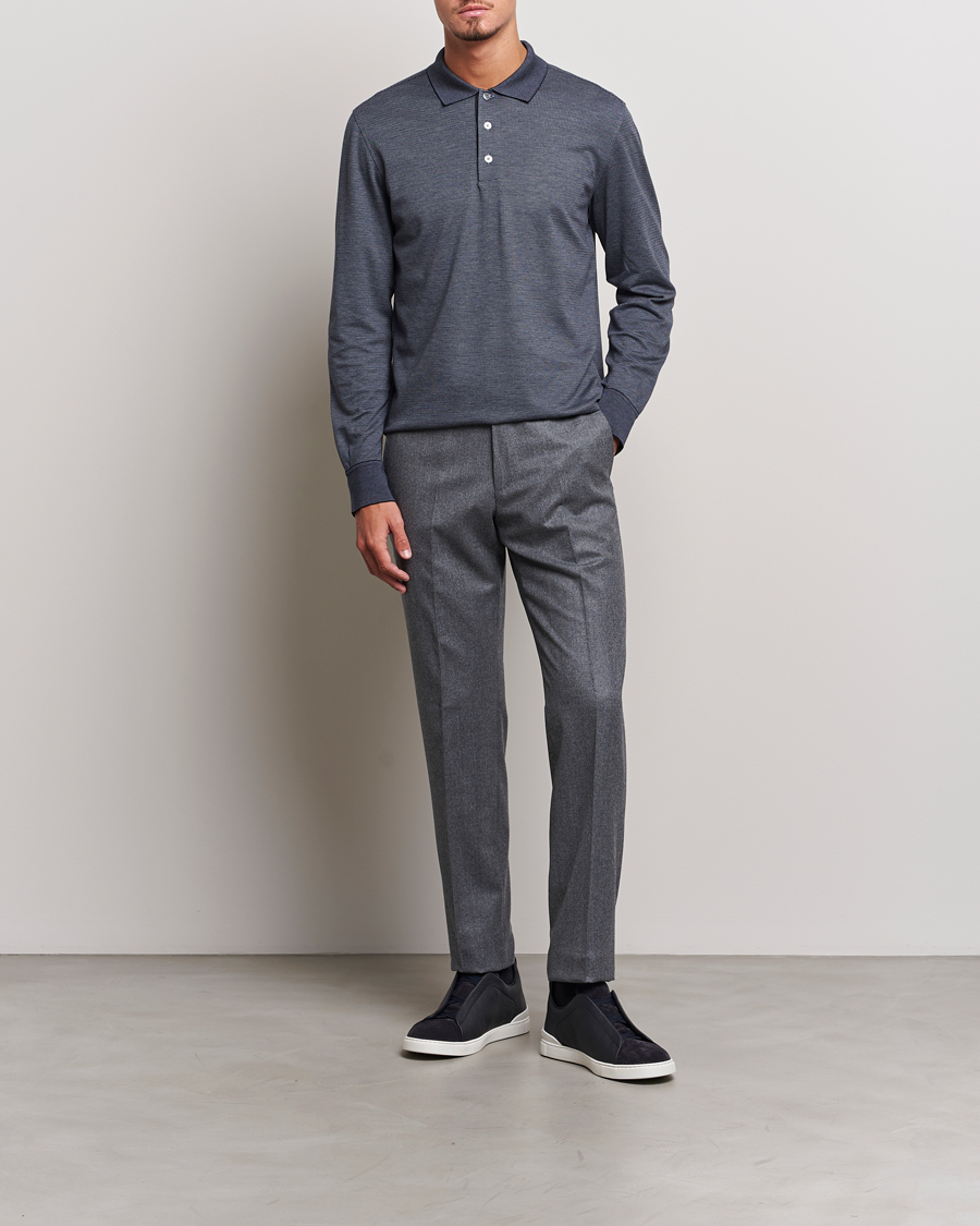 Herre | Gensere | Zegna | Cotton/Silk Long Sleeve Polo Dark Blue