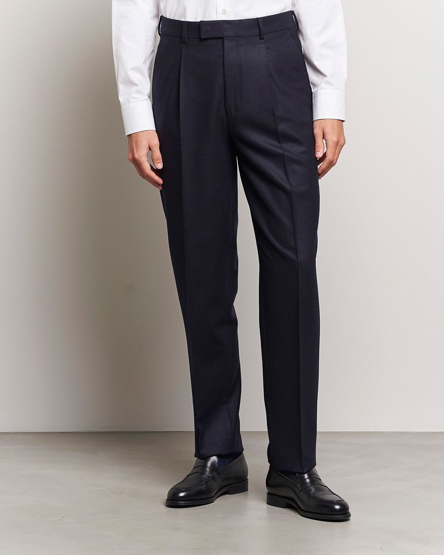 Herre | Nye produktbilder | Zegna | Pleated Flannel Trousers Navy