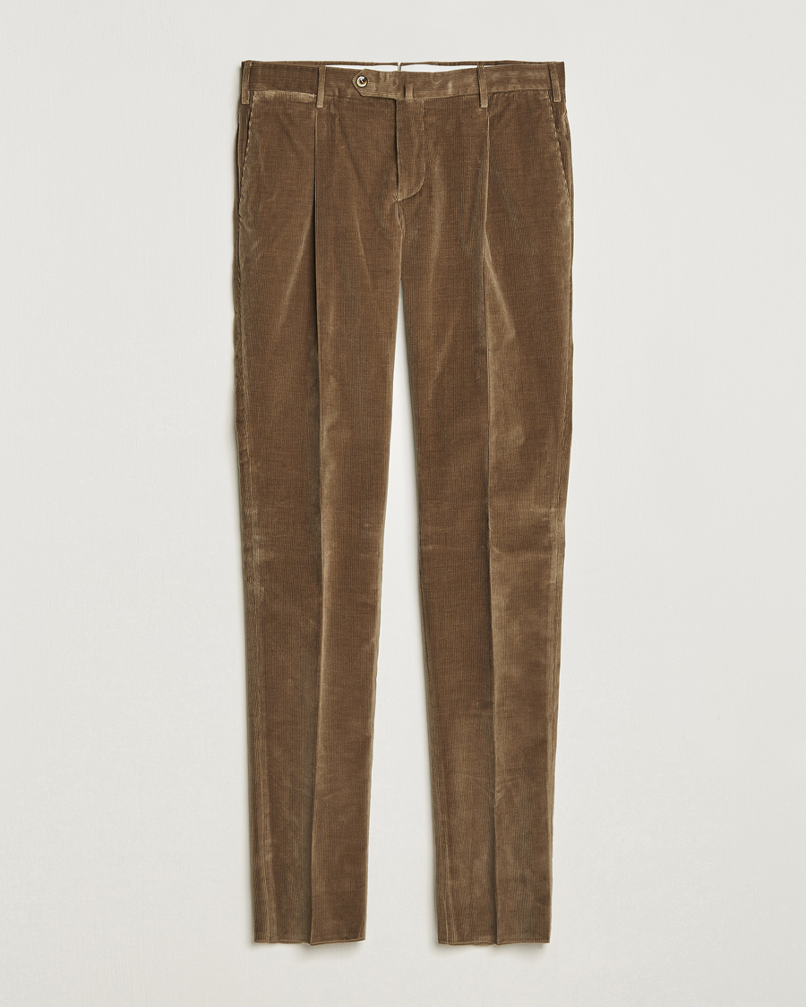 Herre |  | PT01 | Slim Fit Pleated Corduroy Trousers Taupe