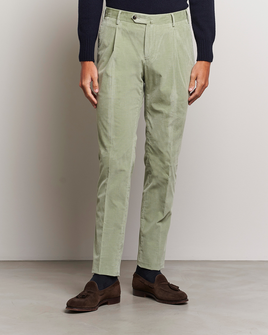 Herre |  | PT01 | Slim Fit Pleated Corduroy Trousers Mint