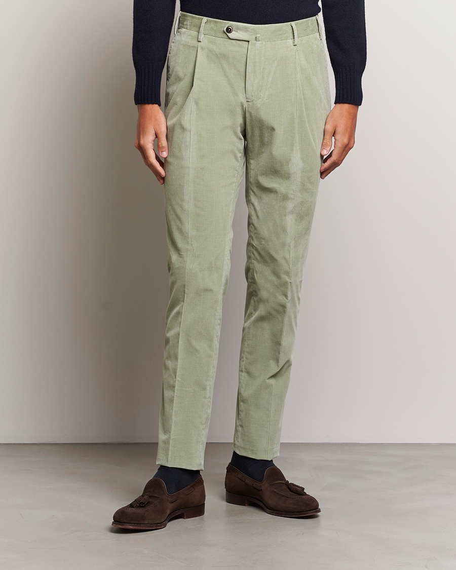 Herre | Bukser | PT01 | Slim Fit Pleated Corduroy Trousers Mint