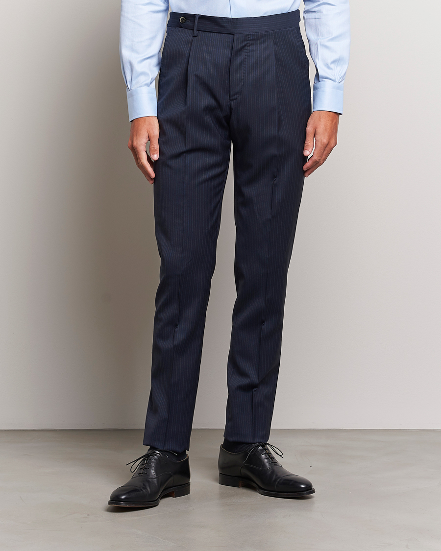 Herre |  | PT01 | Slim Fit Pleated Wool Trousers Navy Pin