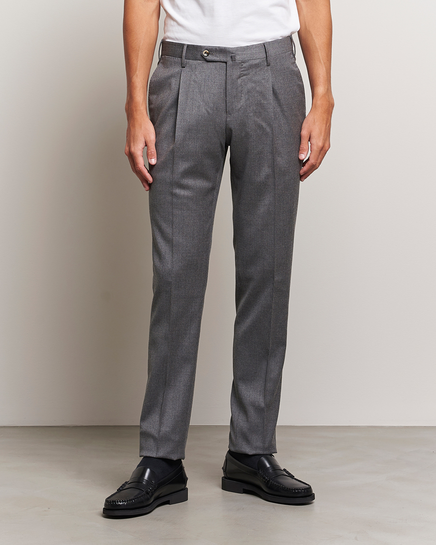 Herre | | PT01 | Slim Fit Pleated Flannel Trousers Grey Melange