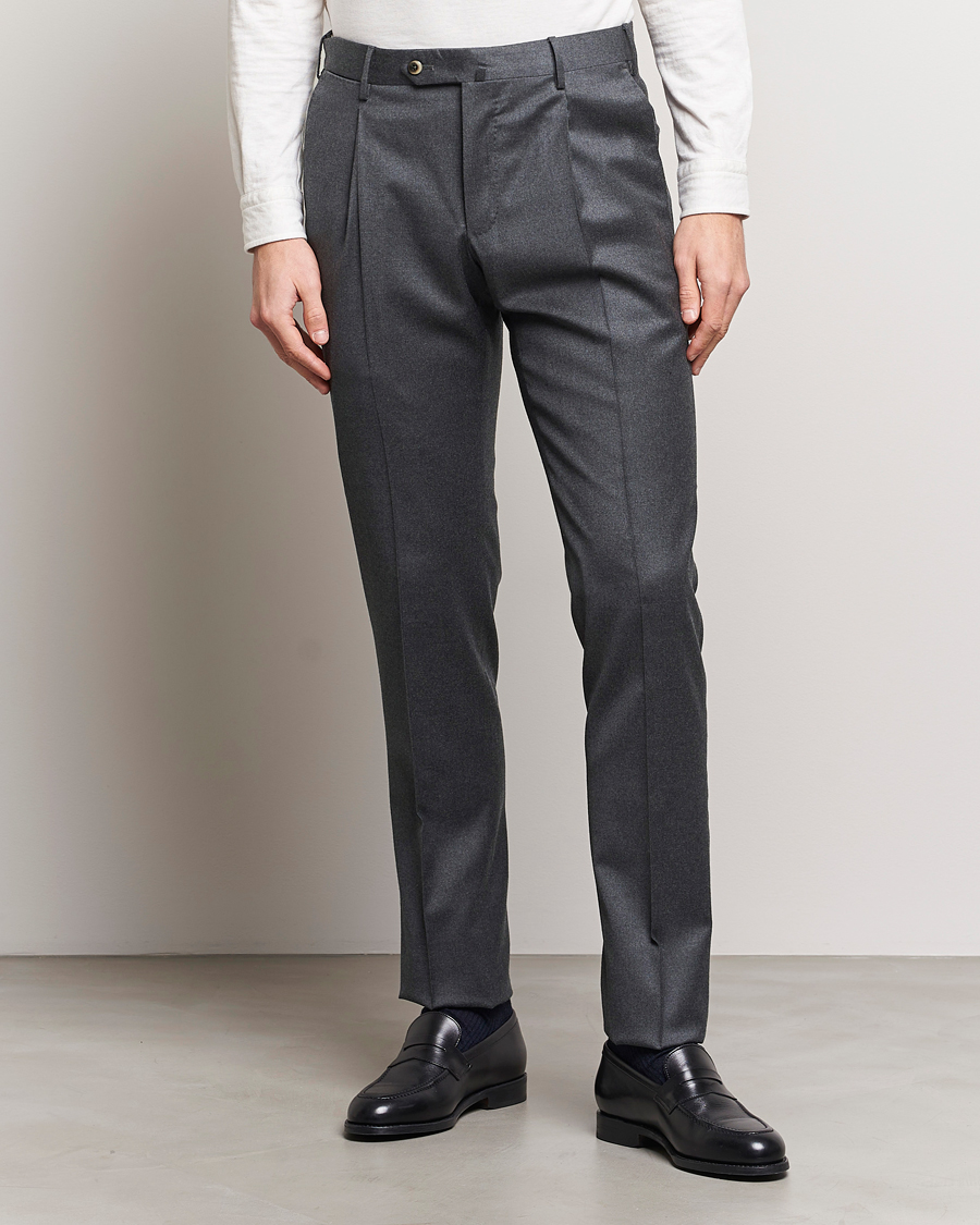 Herre | PT01 | PT01 | Slim Fit Pleated Flannel Trousers Dark Grey