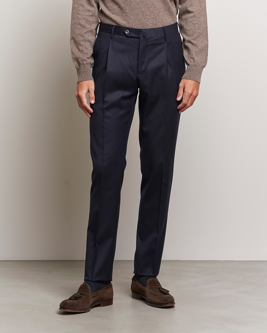 Herre | Flanellbukser | PT01 | Slim Fit Pleated Flannel Trousers Navy