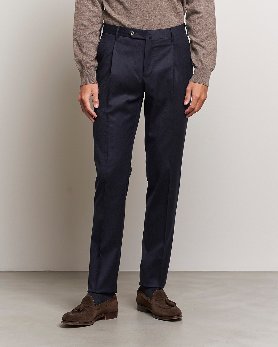 Herre | Avdelinger | PT01 | Slim Fit Pleated Flannel Trousers Navy