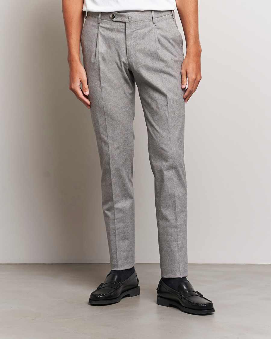 Herre | PT01 | PT01 | Slim Fit Pleated Cotton Flannel Trousers Light Grey