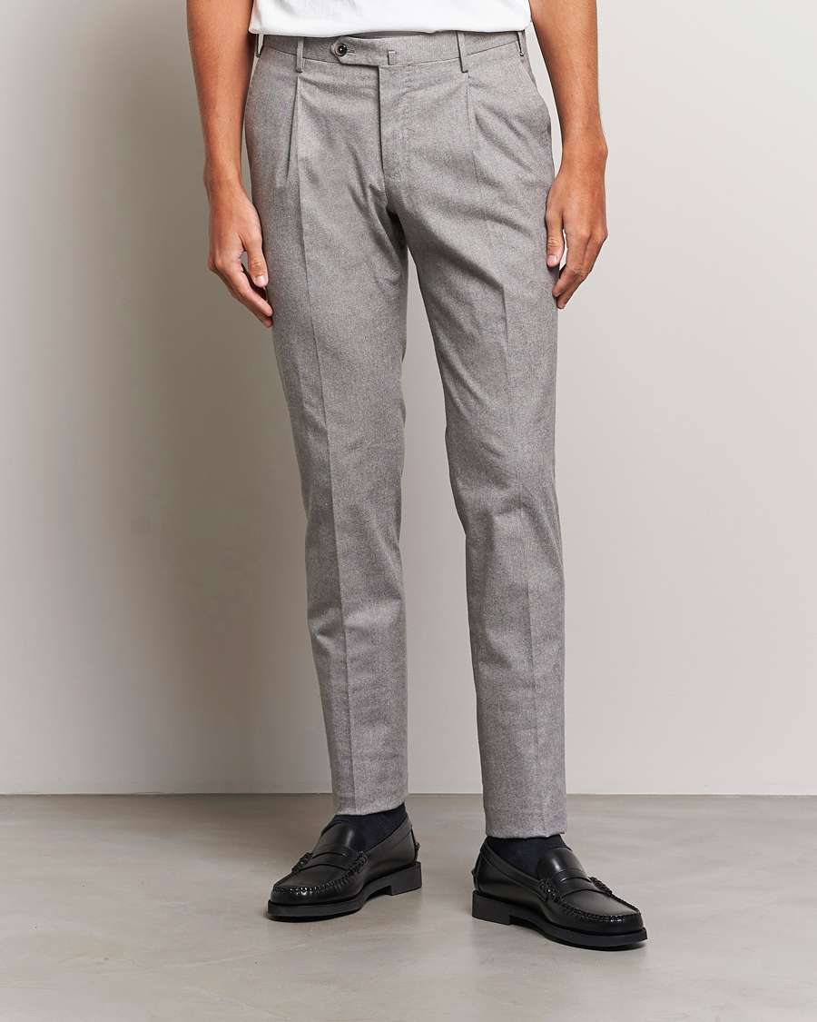 Herre |  | PT01 | Slim Fit Pleated Cotton Flannel Trousers Light Grey