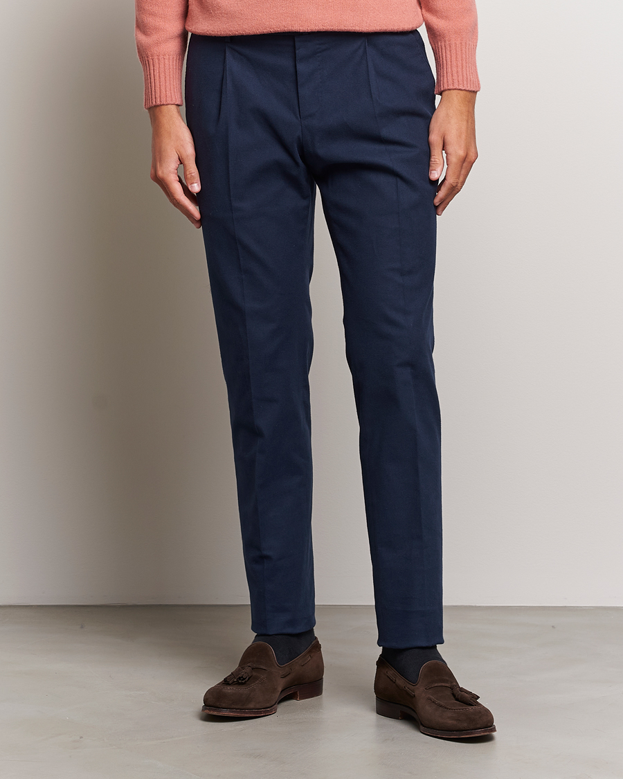 Herre | PT01 | PT01 | Slim Fit Pleated Cotton Flannel Trousers Navy