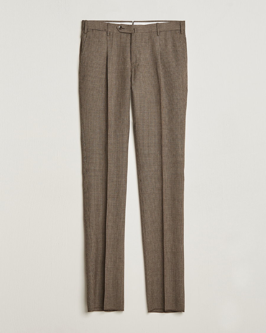 Herre | Bukser | PT01 | Slim Fit Pleated Houndstooth Trousers Light Brown