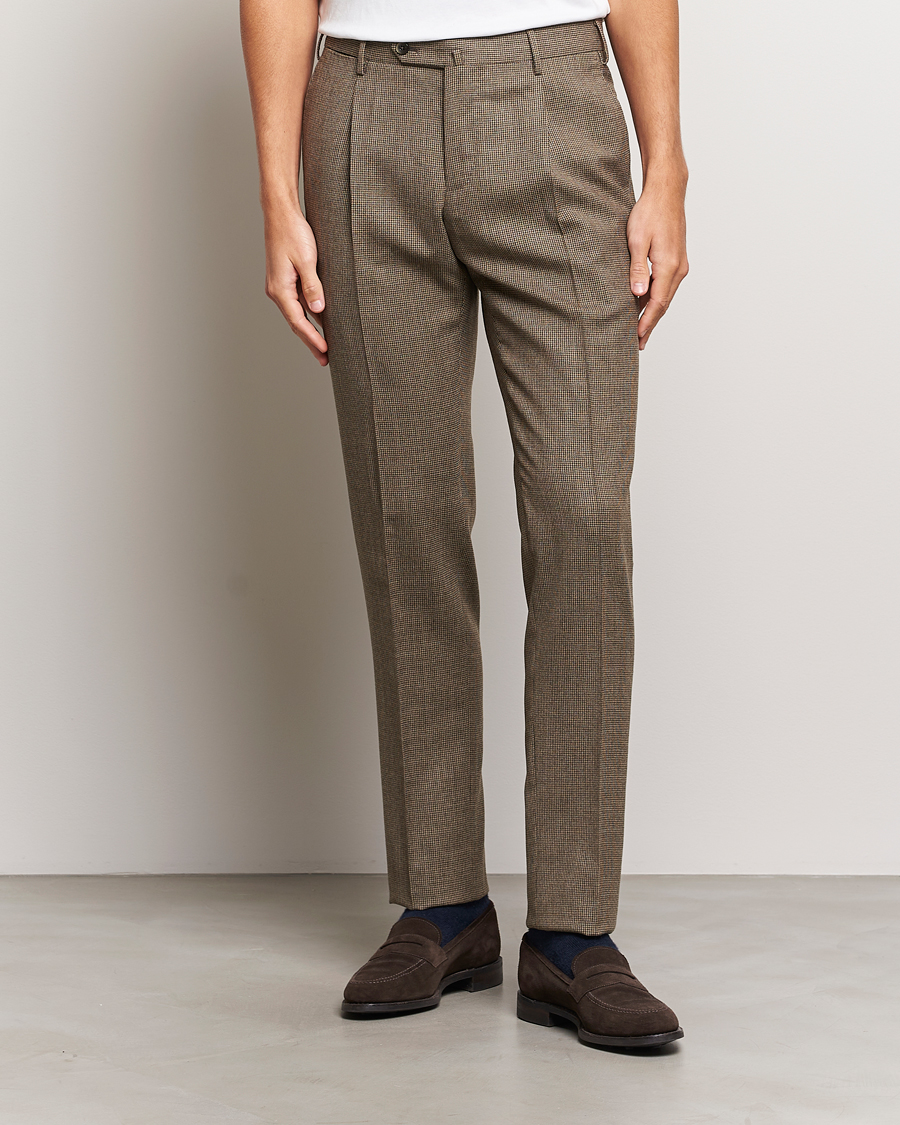 Herre | Bukser | PT01 | Slim Fit Pleated Houndstooth Trousers Light Brown