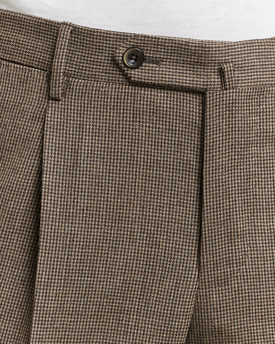 Herre | Bukser | PT01 | Slim Fit Pleated Houndstooth Trousers Light Brown