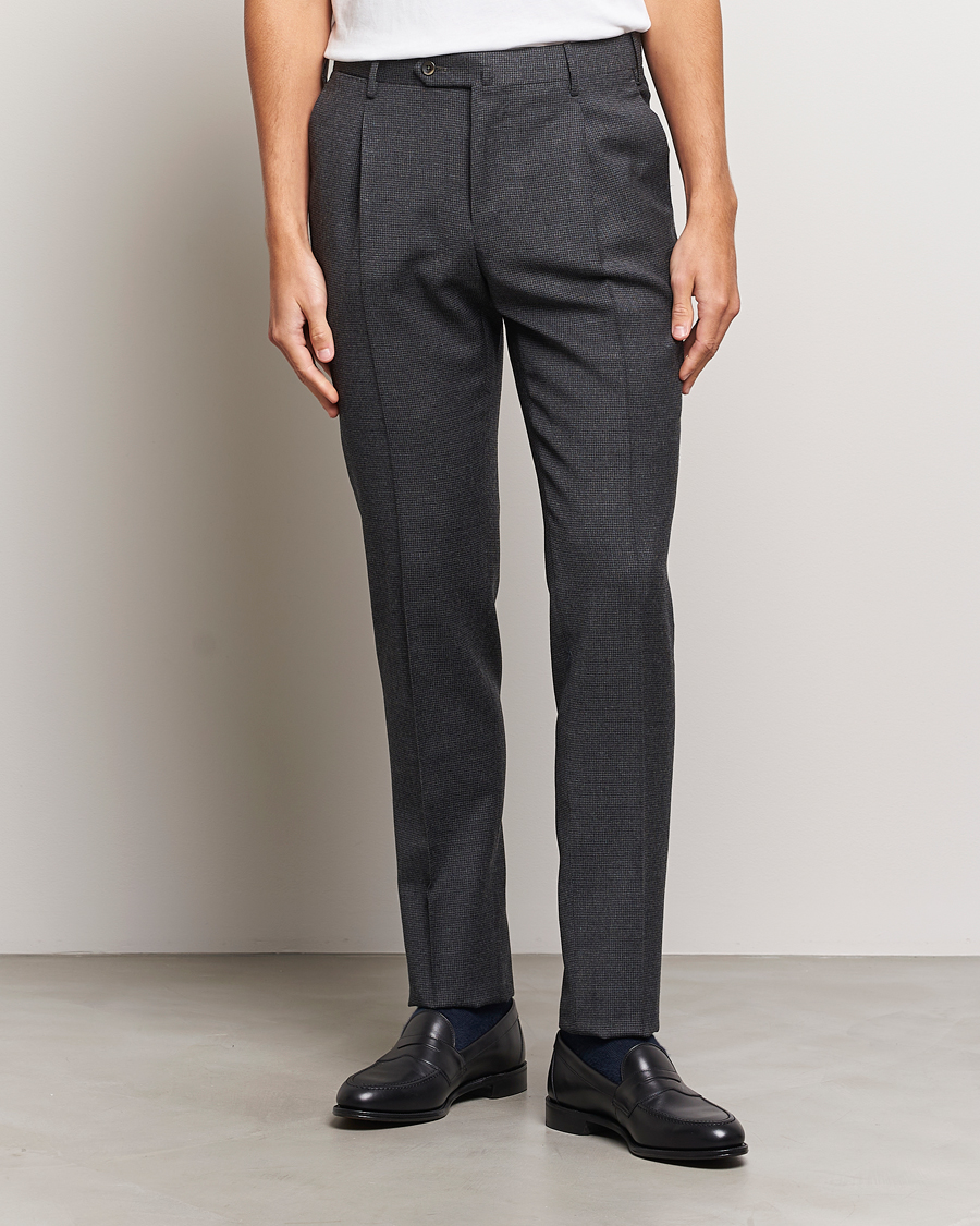 Herre |  | PT01 | Slim Fit Pleated Houndstooth Trousers Medium Grey