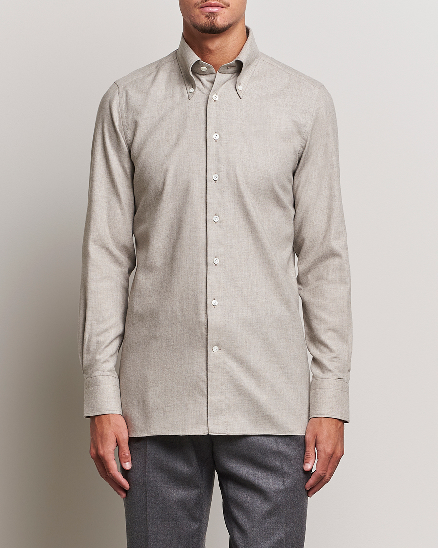 Herre |  | 100Hands | Cotton/Cashmere Button Down Flannel Shirt Taupe