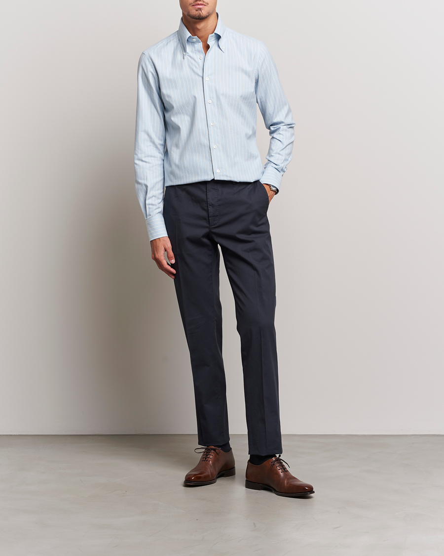 Herre | Skjorter | 100Hands | Striped Cotton Flannel Shirt Light Blue