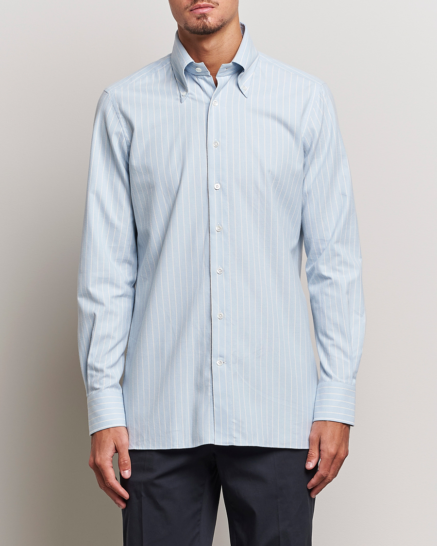 Herre | Skjorter | 100Hands | Striped Cotton Flannel Shirt Light Blue