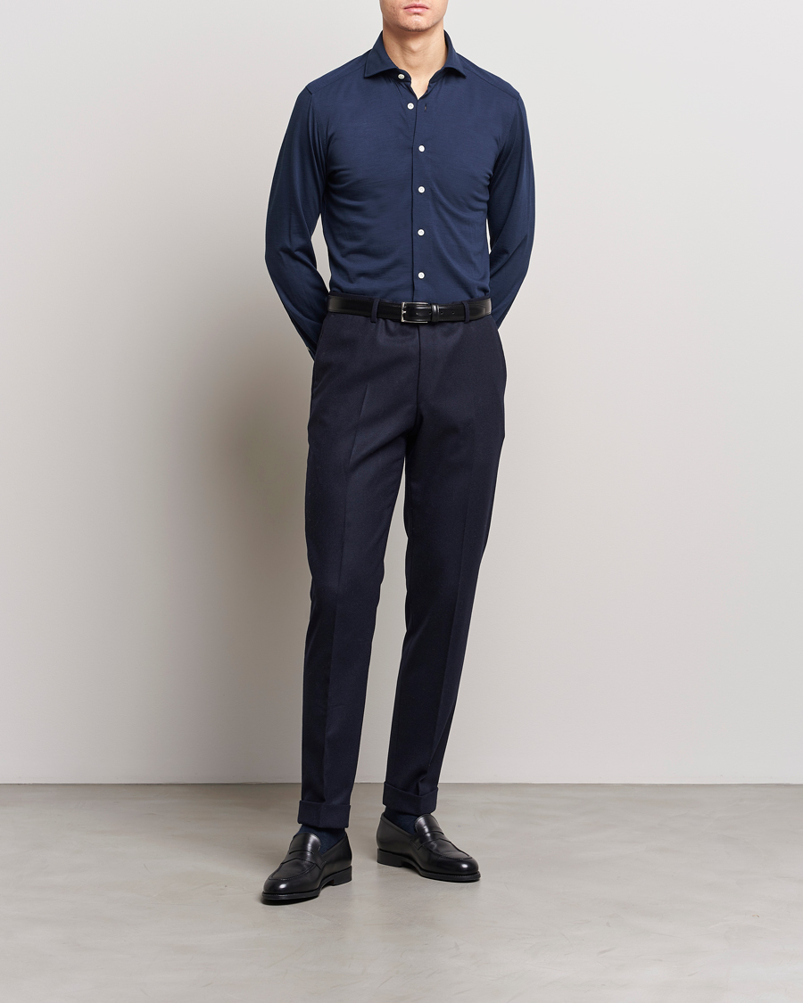 Herre | Skjorter | 100Hands | Wool Cut Away Shirt Navy Blue