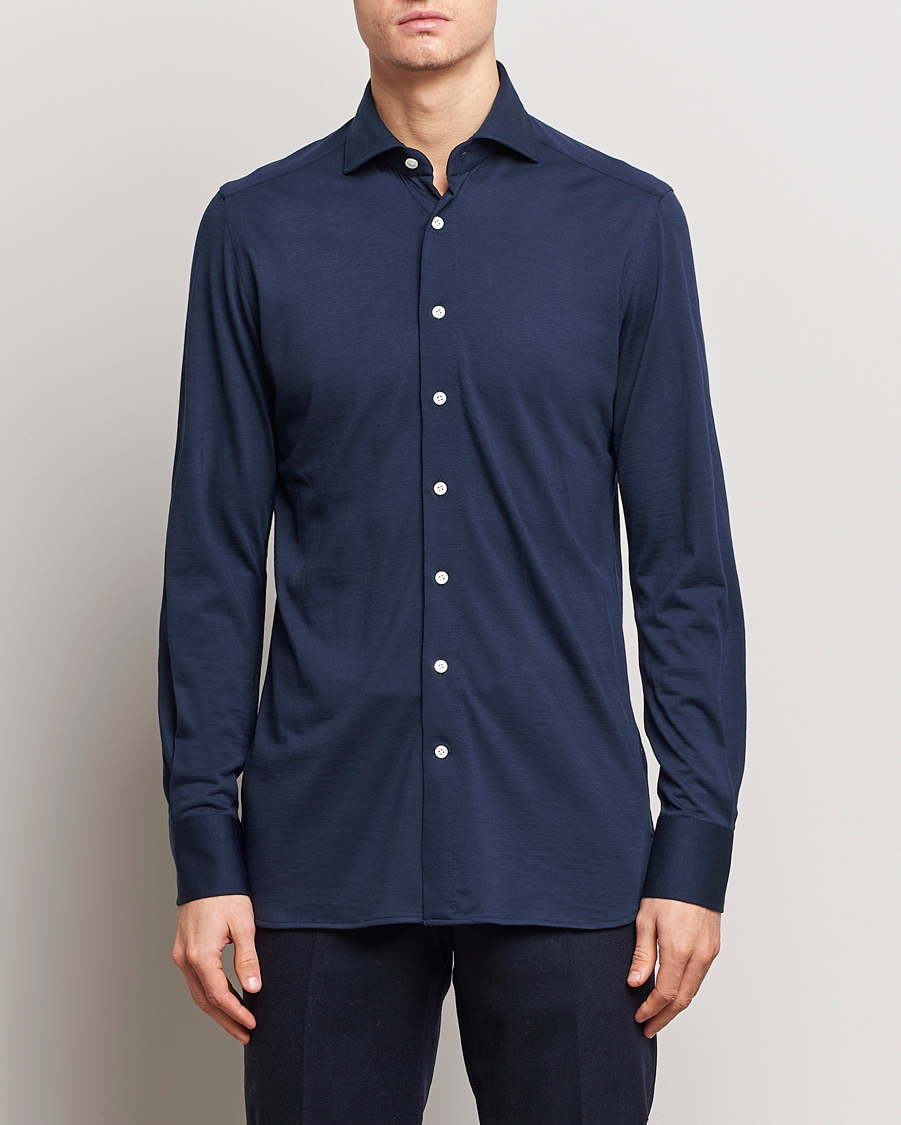 Herre |  | 100Hands | Wool Cut Away Shirt Navy Blue