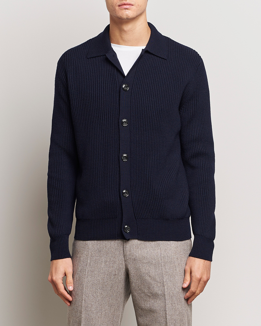 Herre | Altea | Altea | Rib Wool Cardigan Navy