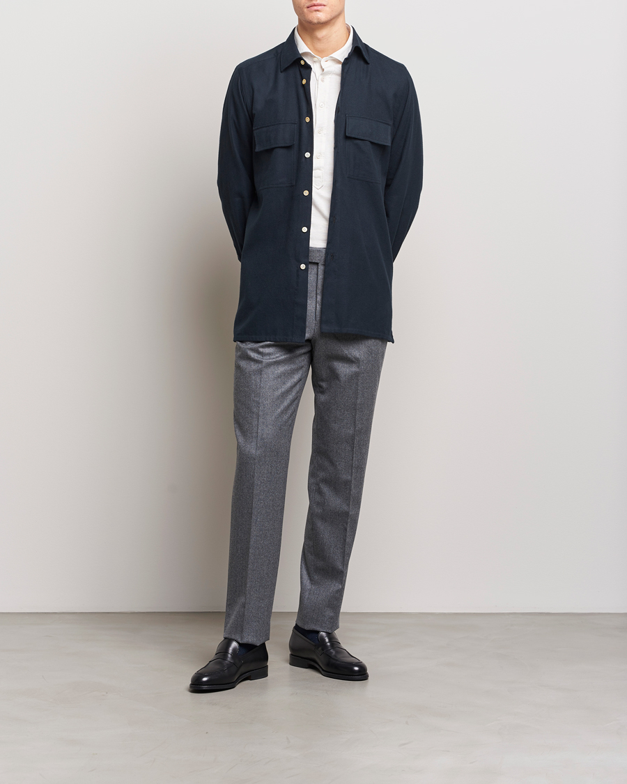 Herre | Skjorter | Kiton | Herringbone Flannel Overshirt Midnight