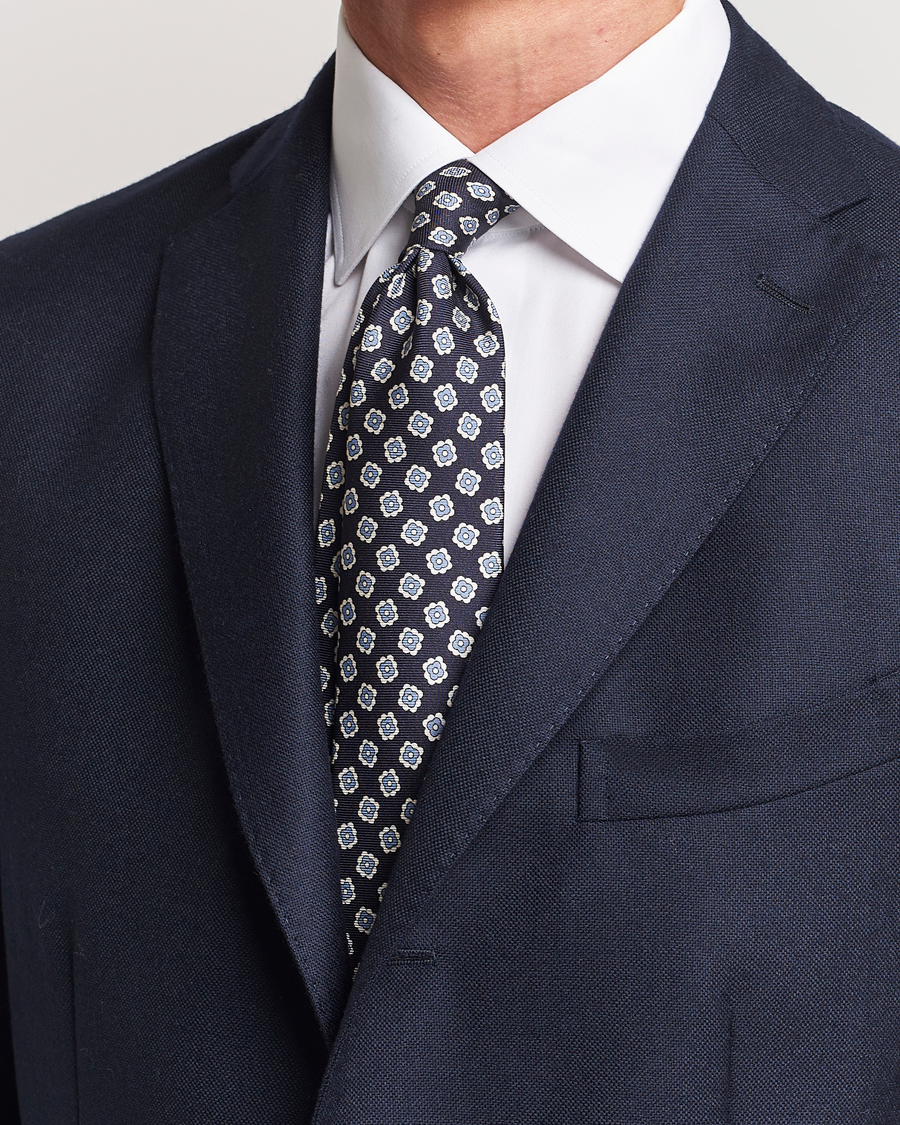 Herre | Kiton Flower Print Silk Tie Navy | Kiton | Flower Print Silk Tie Navy