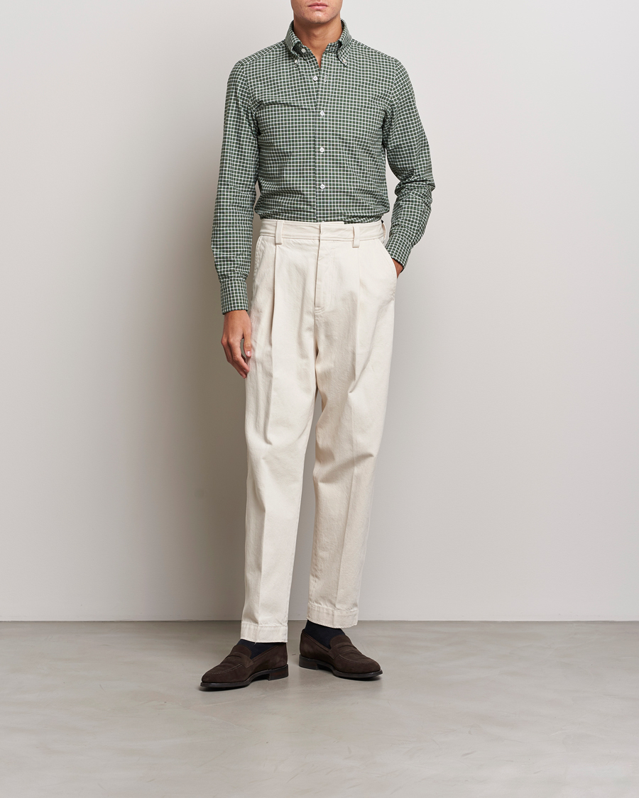 Herre | Skjorter | Finamore Napoli | Tokyo Slim Oxford Button Down Shirt Green Check