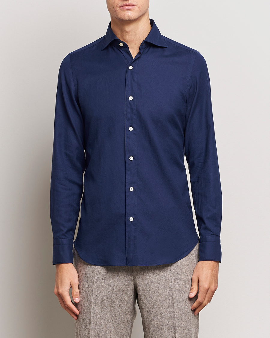 Herre | Skjorter | Finamore Napoli | Tokyo Slim Flannel Shirt Navy