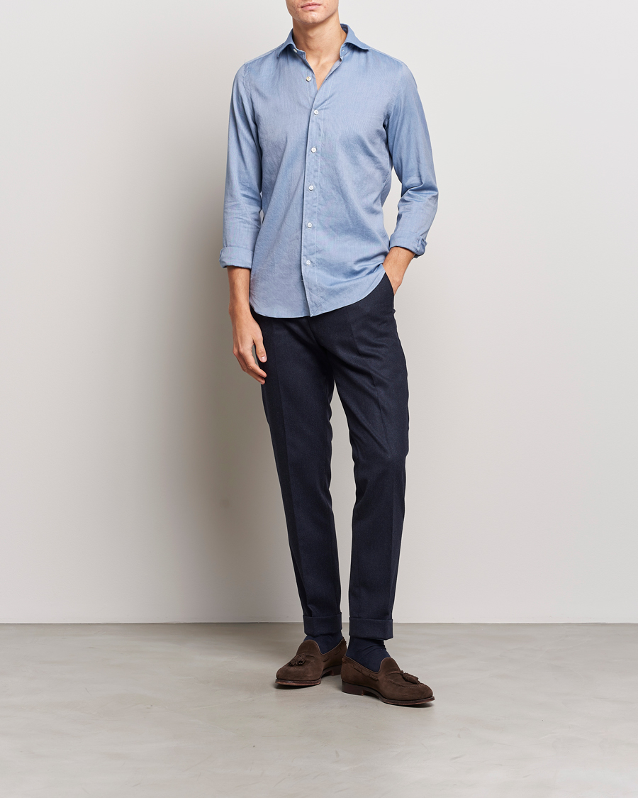 Herre | Skjorter | Finamore Napoli | Tokyo Slim Flannel Shirt Light Blue