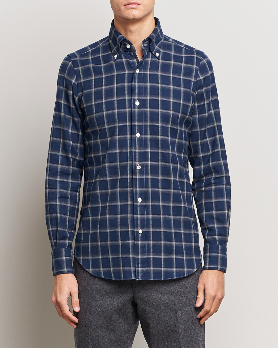 Herre | Nytt i butikken | Finamore Napoli | Tokyo Slim Flannel Button Down Shirt Navy Check