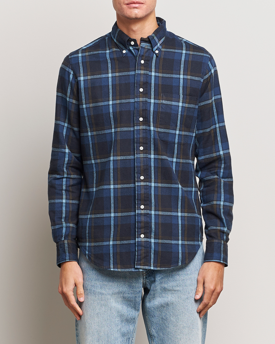 Herre | Skjorter | Gitman Vintage | Button Down Shaggy Flannel Shirt Navy Check